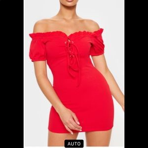 PLT Red Lace Up Eyelet Detail Bardot Dress